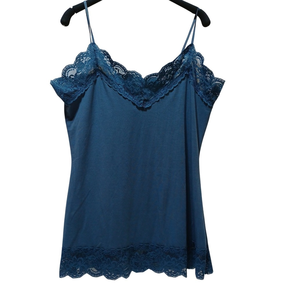 Y2K Womens XL Lace Trim Cami Tank Top Teal Blue Juniors Stretch Coquette Fairy